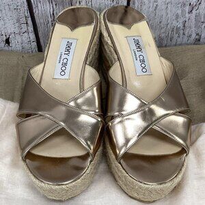 EUC Jimmy Choo Gold CrissCross Leather Wedge Espadrille Sandal Sz 39 IT, w/bag